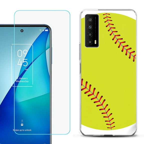 Slim-Fit Gel TPU Phone Case for TCL Stylus 5G, with Tempered Glass Screen Protector, by OneToughShield ® - Softball Green