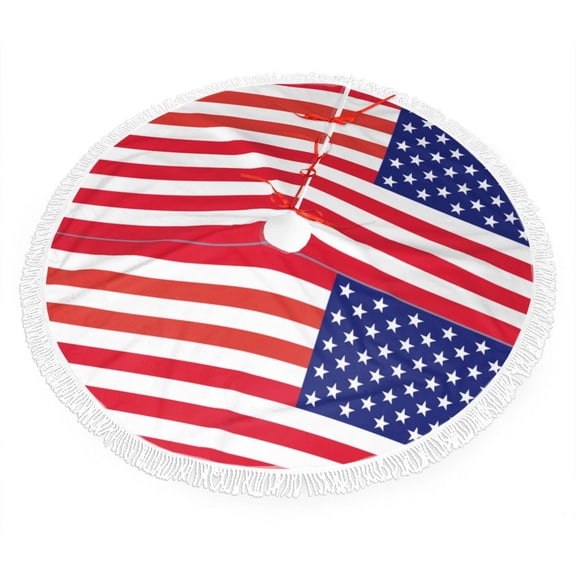 Christmas Tree Skirt America Flag Patriotic Xmas Tree Skirt with Tassels Christmas Holiday Decoration 30"