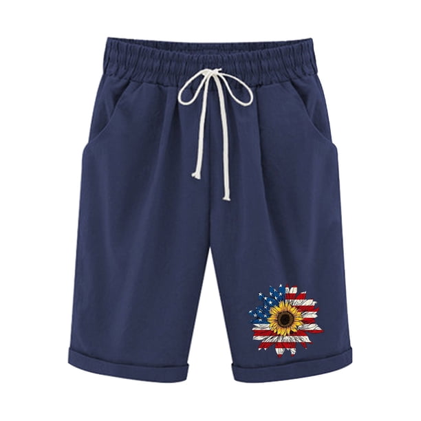 Pantalones Cortos Casuales para Mujer Día de la Independencia Impreso Elástico de la Cintura, Pantalones Cortos de Verano para Mujeres
