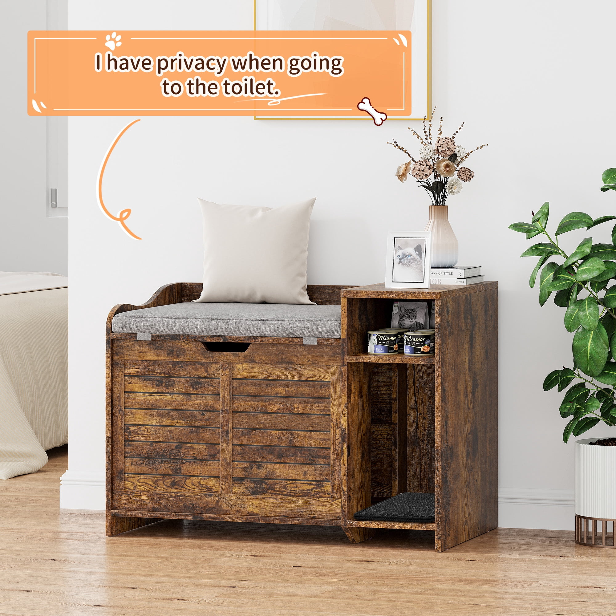 Towallmark Cat Litter Box Enclosure,Top Opening with Cushion,Modern Wood Cat Washroom Hidden Litter Box Furniture House as Table Nightstand with Scratch Pad,Cat Litter Box, Cabinet,Brown