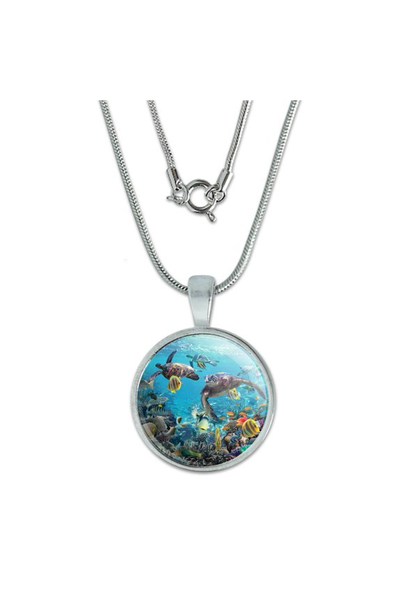 Ocean Coral Reef Sea Turtles Diving 0.75" Pendant with Sterling Silver Plated Chain