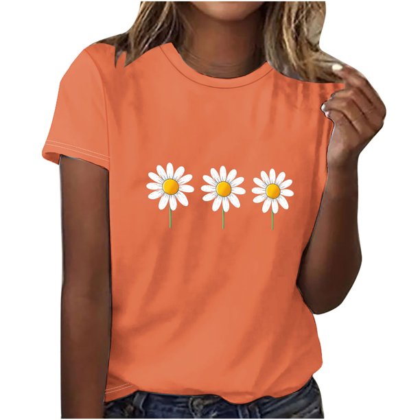 Tops de Manga Corta de Algodón para Mujeres, Moda Impresa Cuello Redondo Blusa Casual para el Hogar Y el Uso Diario