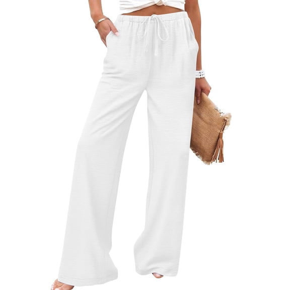Maqroz Casual Pants for Women Drawstring Elastic Waist Wide Leg Pant Spring Summer Breathable Lightweight Solid Trousers with Pockets