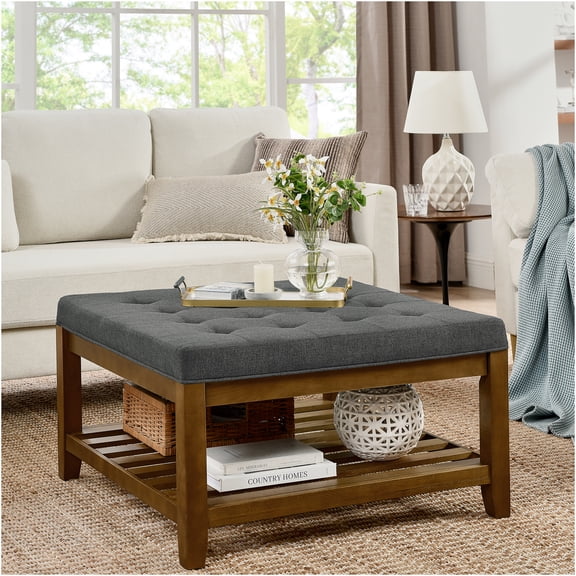 JERFIT Oversized Square Ottoman Coffee Table with Storage Shelf, Tufted Linen Fabric Upholstered Footrest for Living Room, Dark Gray