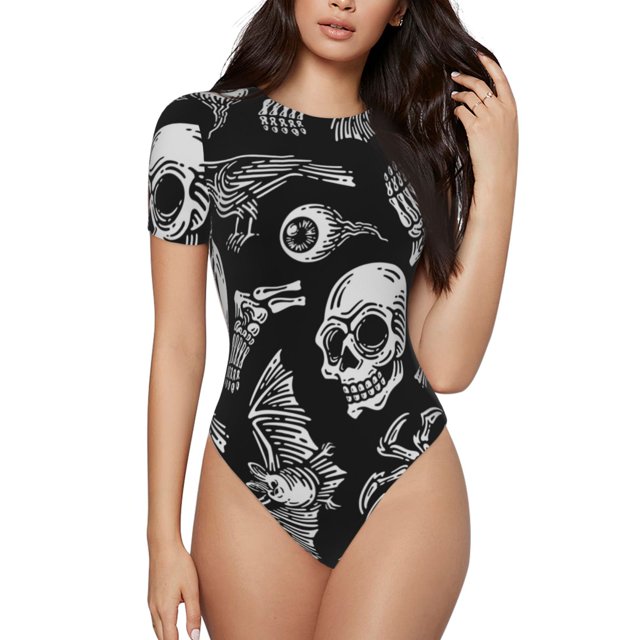 Fotbe Skull bird bat spider Body de Mujer con Cuello Redondo y Mangas Cortas, Sin Mangas Ajustado, Suave, Cómodo y Básico-Medium