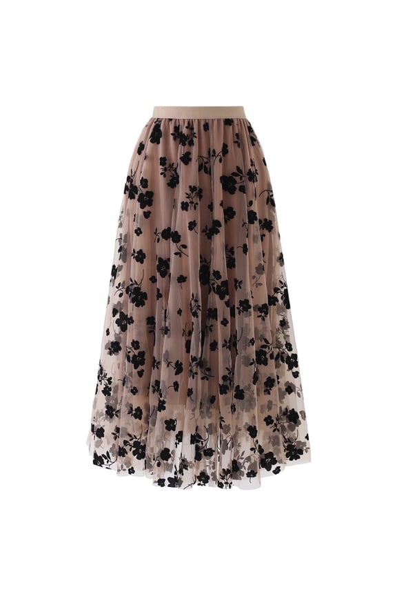 Women Tulle Skirt 3D Posy Midi Long Fairy Skirt Tutu A-Line High Elastic Waist Mesh Double-Layered Skirt Caramel