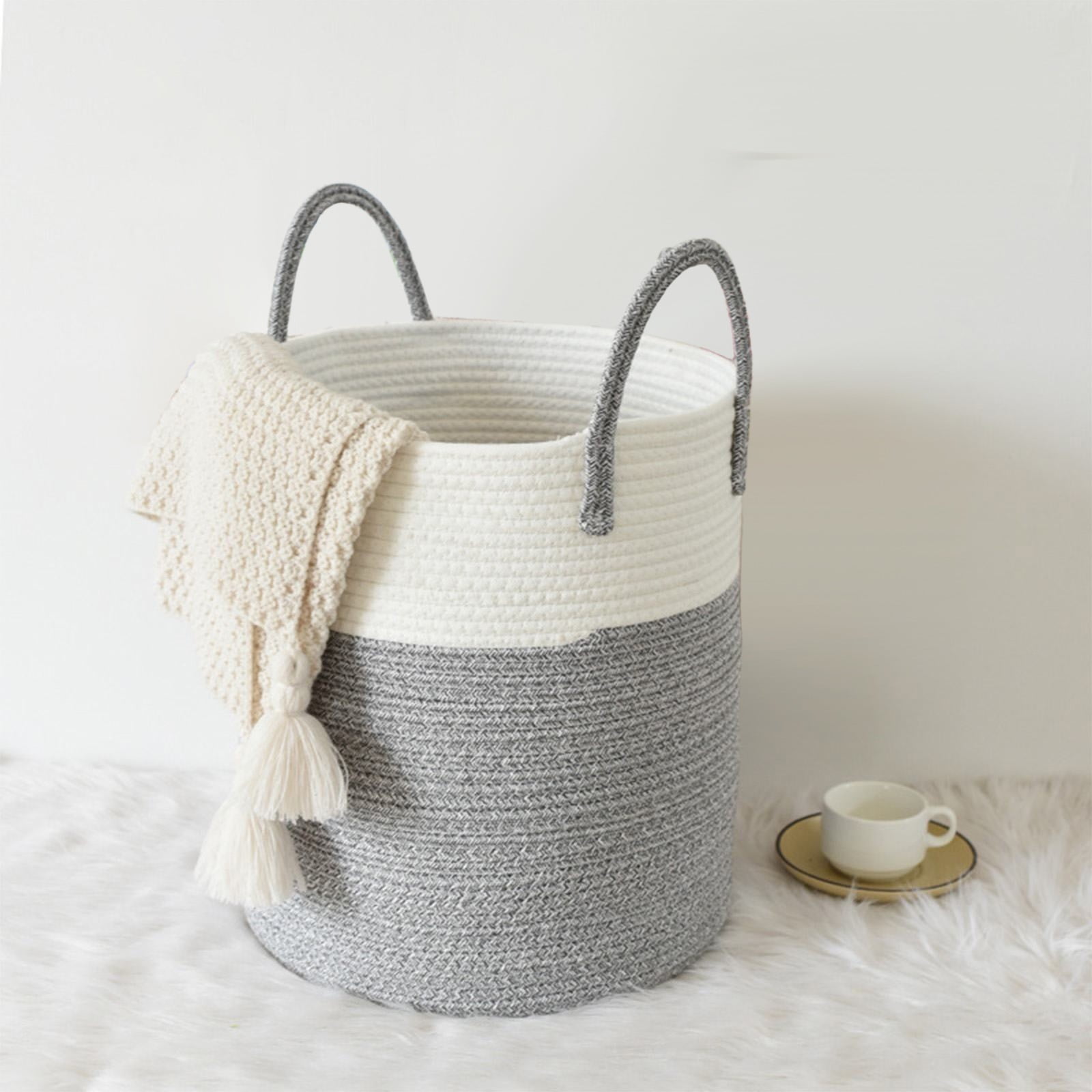 Large Bohe Woven Laundry Basket, 40L Gray Cotton Rope Laundry Hamper with Handles, Decorative Storage Bins for Blankets Toys Clothes, Bathroom Bedroom Living Room Organizer