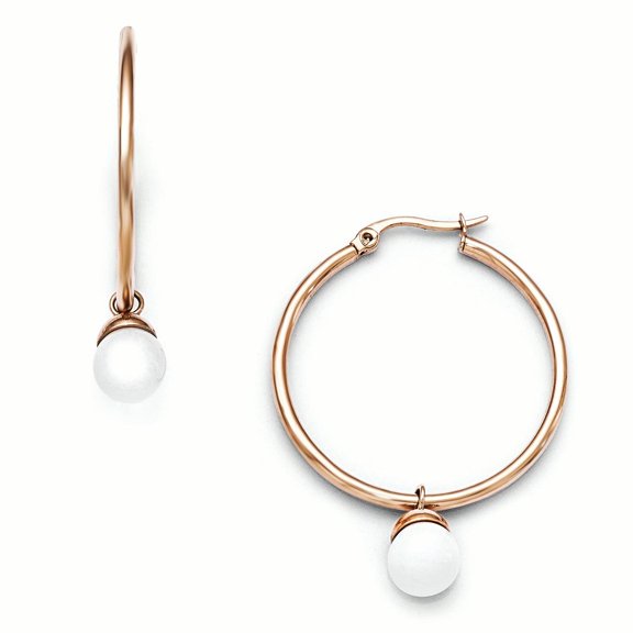 Chisel Stainless Steel Polished Rose IP-plated with White Jade Dangle Hoop Earrings Stainless Steel Earrings