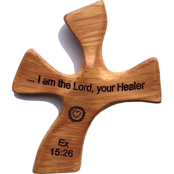 Holy Land Market Resin Healing Cross - Brown Wood Crucifix with Prayers & Certificate, 4.5 x 3.6 in, Handheld Design