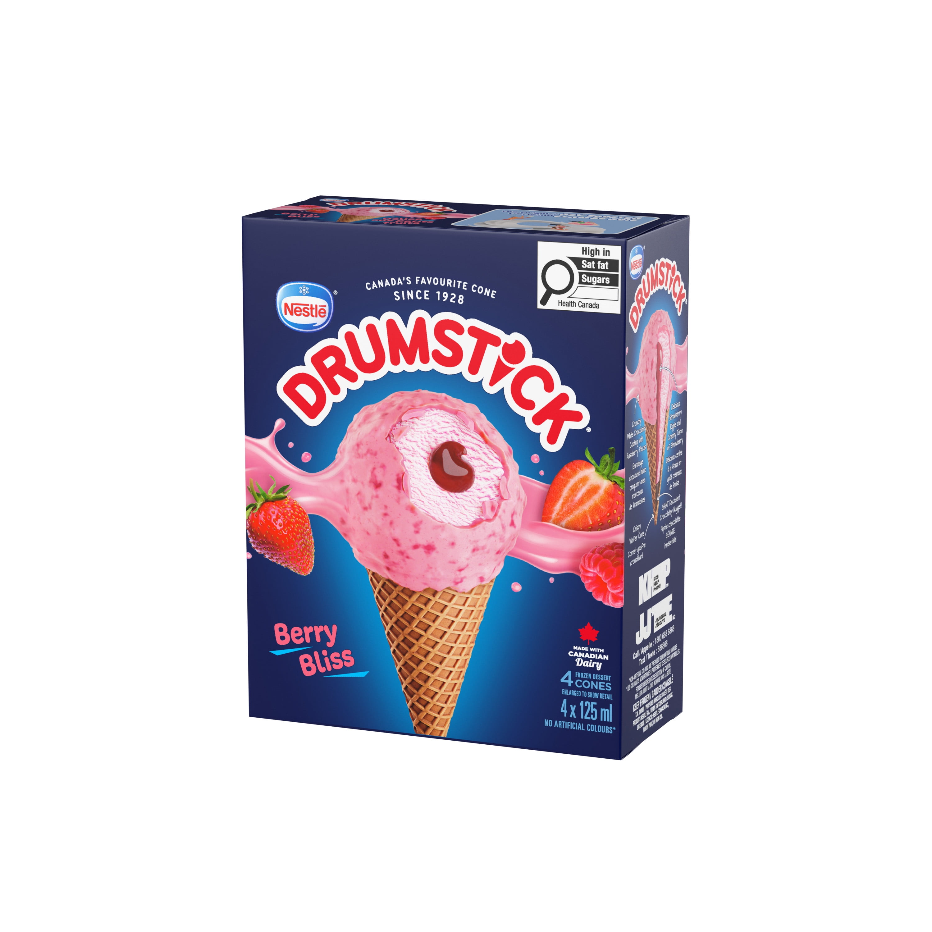 Drumstick Berry Bliss, Crispy Wafer Cone Filled With Strawberry Ripple Frozen Dessert, White Chocolatey Coating With Raspberry Pieces And Chocolatey Nugget, Colours From Natural Sources, 0.5 L