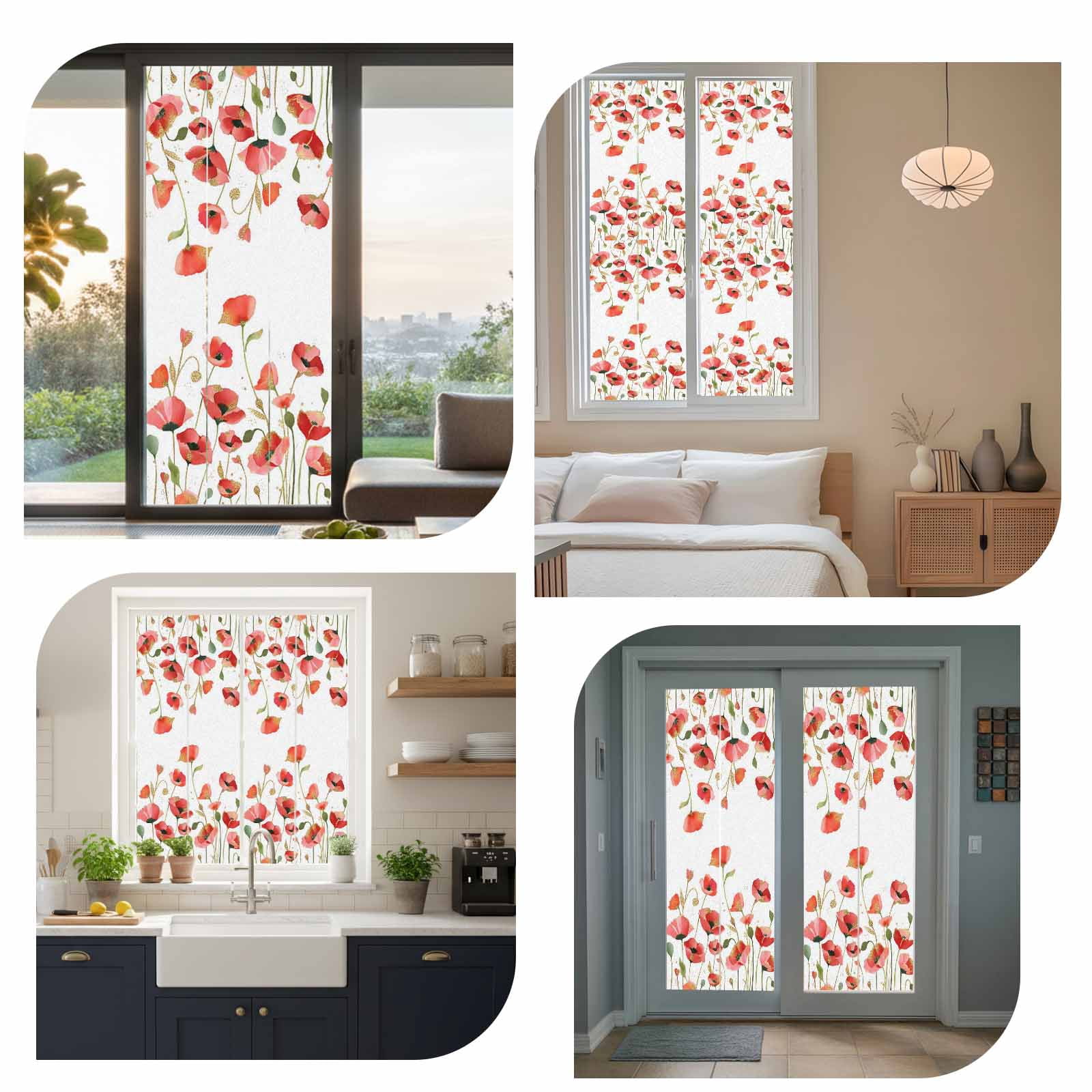 Spring Floral Window Privacy Film, Watercolor Red Wildflower Rustic Farmhouse Frosted Glass Window Clings Static Cling UV Heat Blocking Reusable Door Sticker for Bathroom 29.5 x 118 Inch