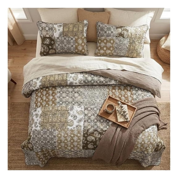 Bohemian Cotton Real Patchwork Floral Quilt Bedspread - Moroccan Dreams Filigree Paisley Olive Green Brown - Reversible Multi-Colorful Rustic Quilted Coverlet Set - Twin - 2-Pieces