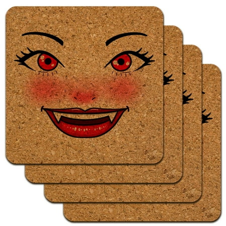 

Happy Vampire Girl Smiling Face Low Profile Novelty Cork Coaster Set