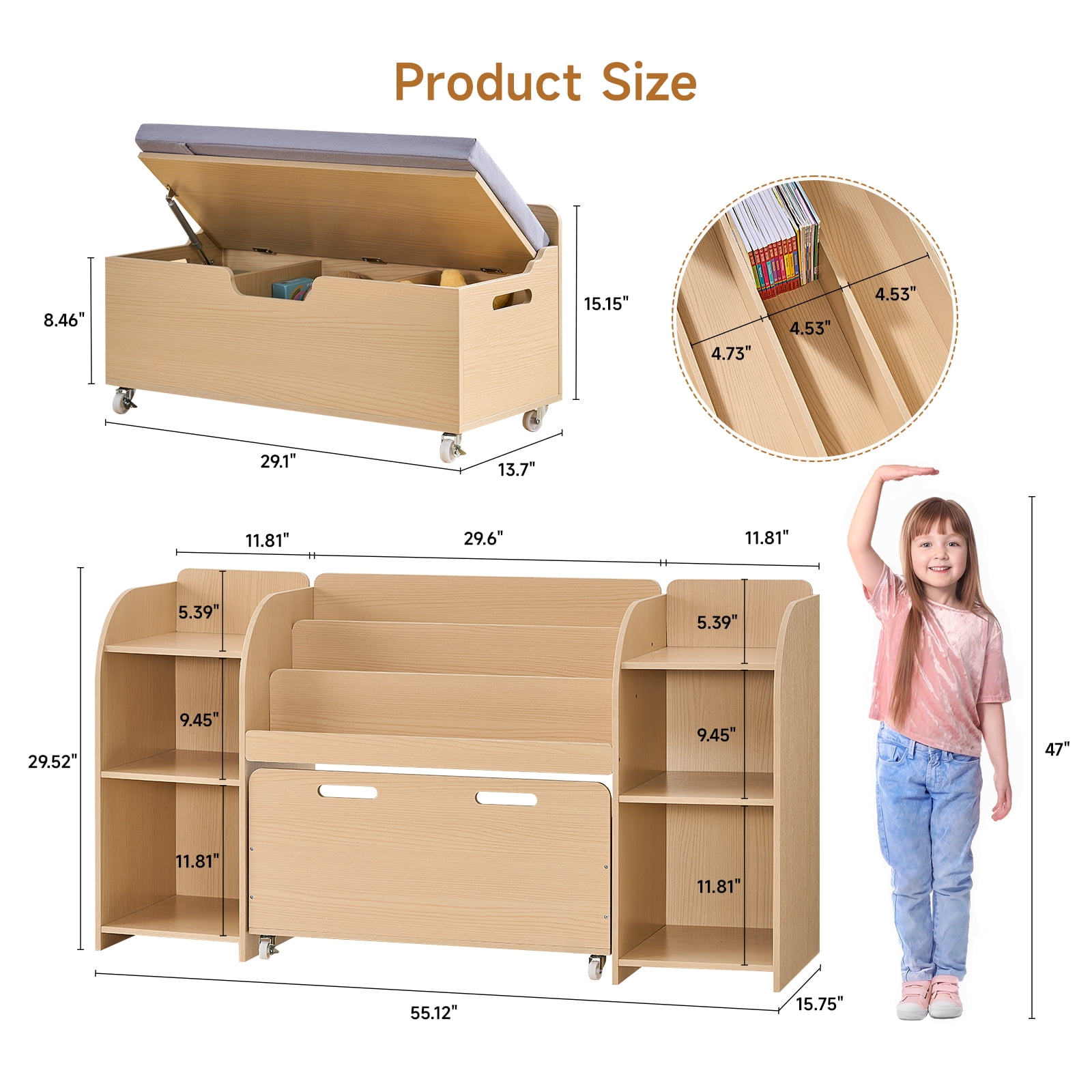 ROGALIS Kids Bookshelf with Reading Nook, 55.2" Toy Storage Organizer with Movable Bench with 3 Storage, 3-Tier Bookshelf, 6 Storage Cubbies for Bedroom, Playroom