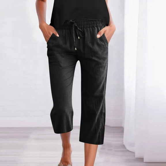 SNKSDGM Women's Plus Sweatpants Women Tall Inseam Black Dress Pants Women High Waisted Wide Leg Women's Solid Color Linen Casual 3/4 Pants with Pockets and Drawstring Waist M