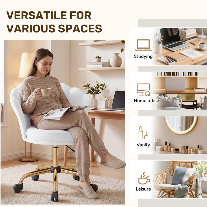 Hawsaiy Shell Back Home Office Chair with Lumbar Pillow, Modern Upholstered Desk Chair with Gold Metal Base, Swivel Adjustable Computer Chair for Home Office, White