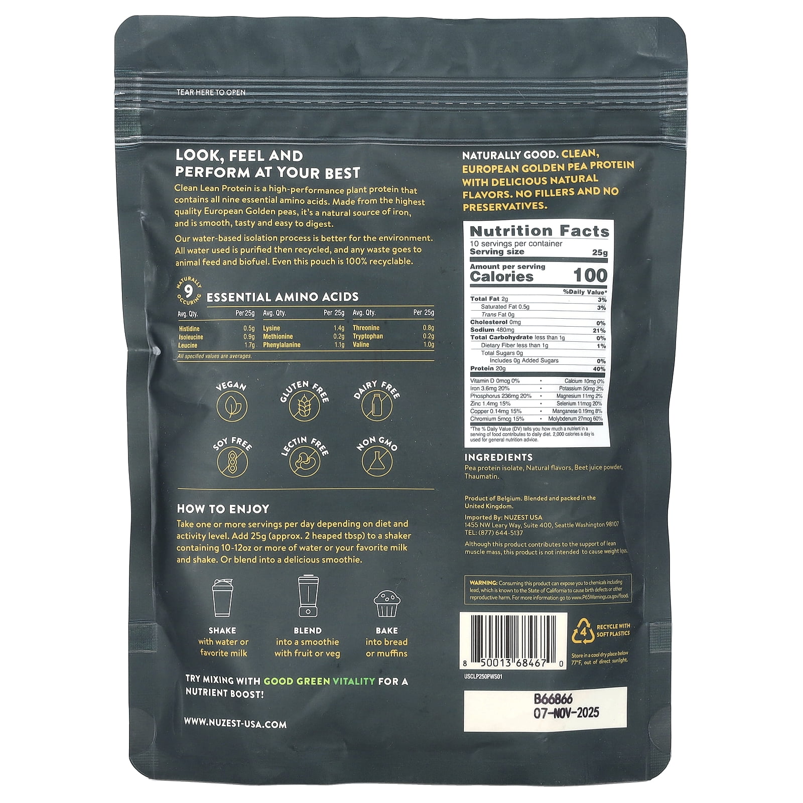 Nuzest - Pea Protein Powder - Clean Lean Protein, Premium Plant Based, Dairy Free, Gluten Free, GMO Free, Wild Strawberry, 10 Servings, 8.8 oz