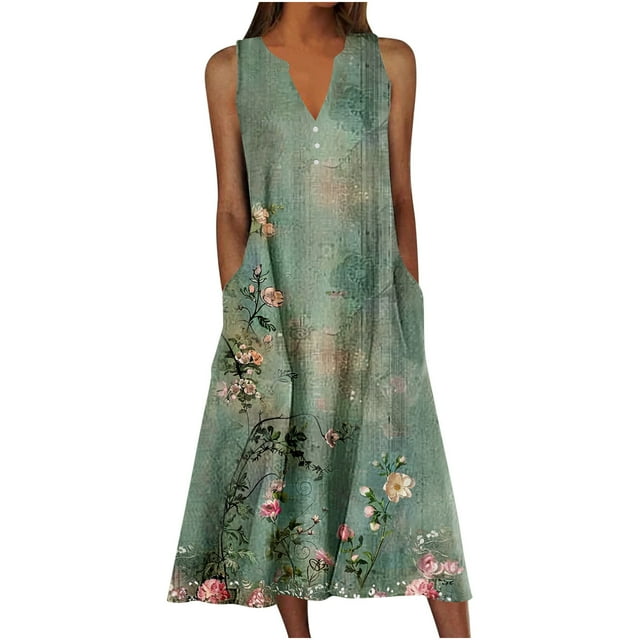 Staron Robes Décontractées pour Femmes en Liquidation à Moins de 10 $ Sans Manches Ligne A Fluide Bohème à Imprimé Floral Robe Longue Printemps Décontractée Grande Taille Ample Col en V Tenues de Vacances Midi Robe d'Été avec Poches TTG
