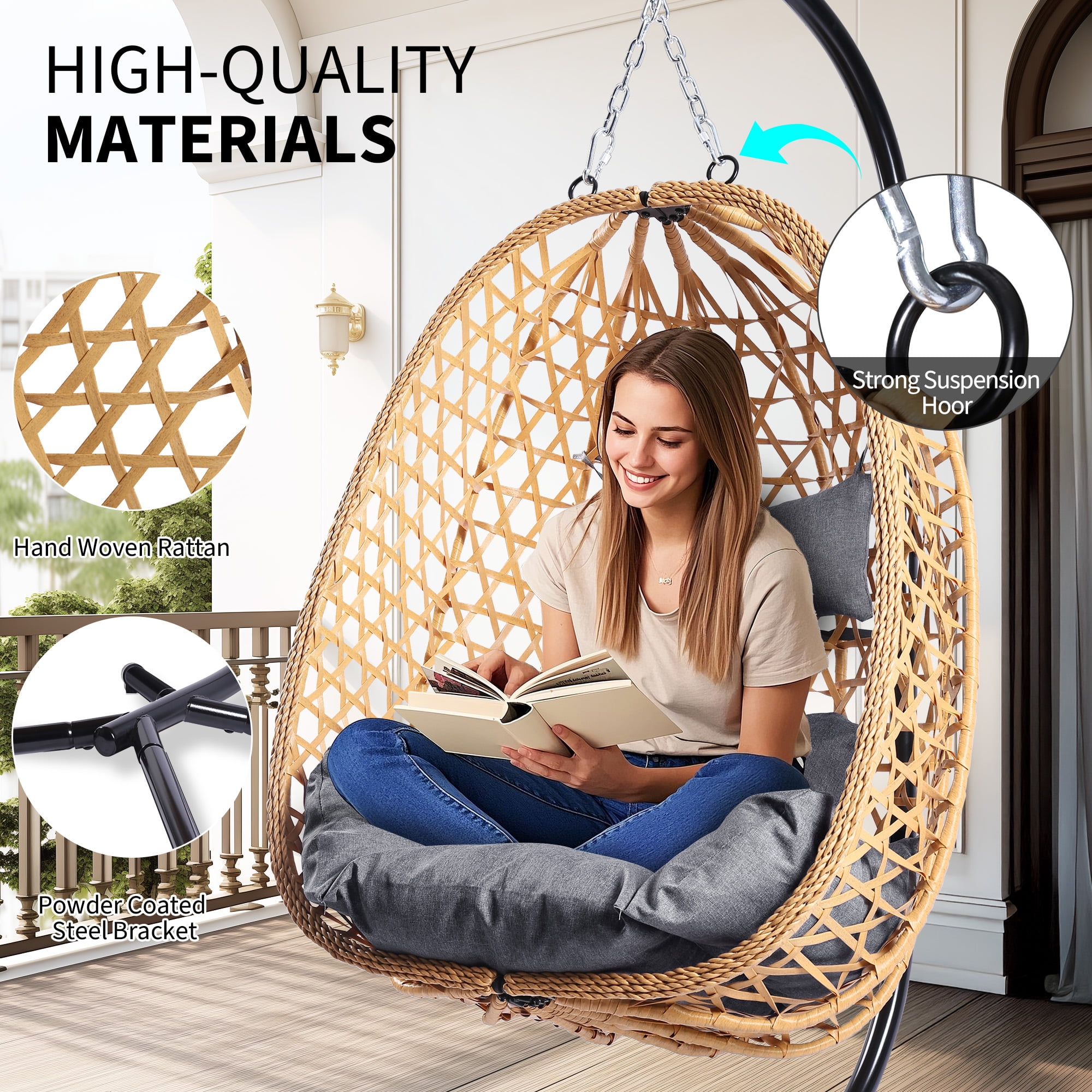 Egg Chair with Stand, Patio Wicker LHBcraft Hanging Chair, Hammock Swing Chair, 350LBS Capacity for Bedroom, Balcony, Garden