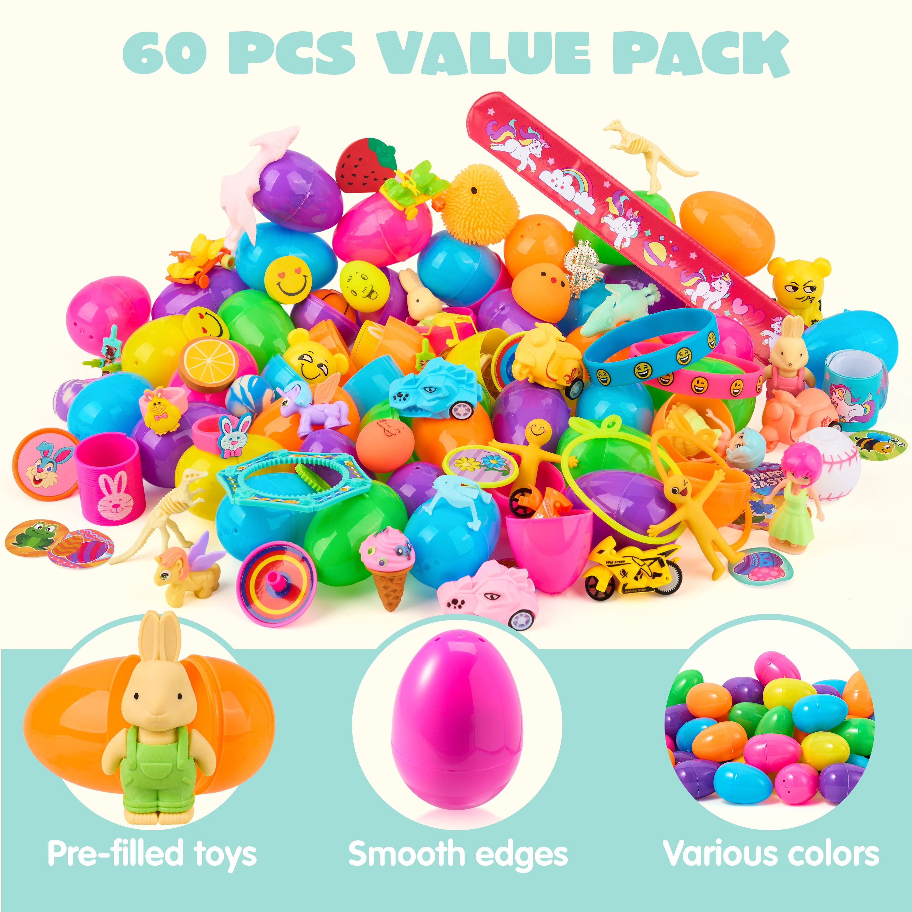 Joyfy 60 Packs Prefilled Easter Eggs with Assorted Toys,2.4" Easter Egg Bulk for Kids,Easter Eggs Hunt Events,Basket Stuffers Fillers,Classroom Prize Supplies