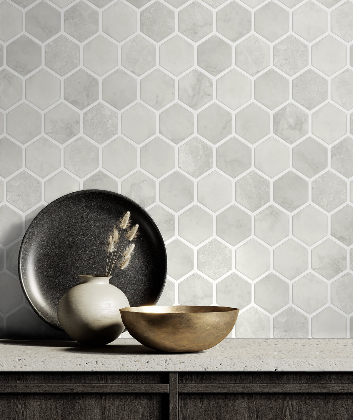 NextWall Cream Neutral Inlay Hexagon Peel and Stick Wallpaper
