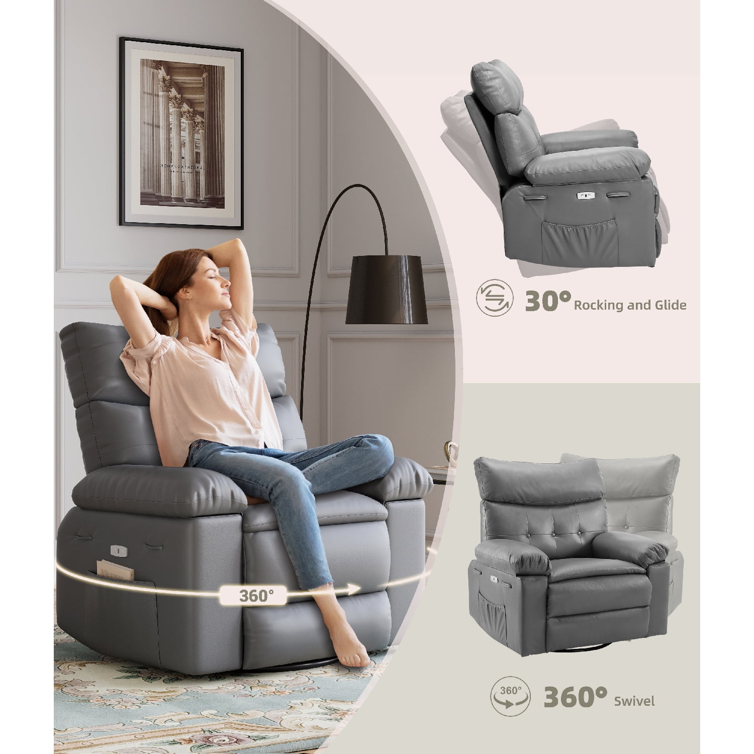 Shininglove Oversized Swivel Rocker Recliner Chair - Extra Wide PU Leather Manual Recliner with Thick Cushioning, 360° Rotation & 30° Rocking, Supports 400 lbs, for Living Room, Bedroom
