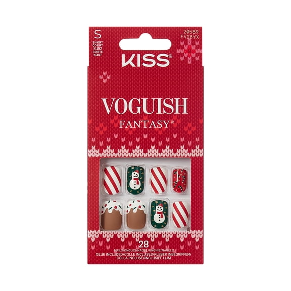 KISS Voguish Fantasy Holiday Press On Nails, ‘Snow Pops’, Multicolor, Short Squoval, 28 Count