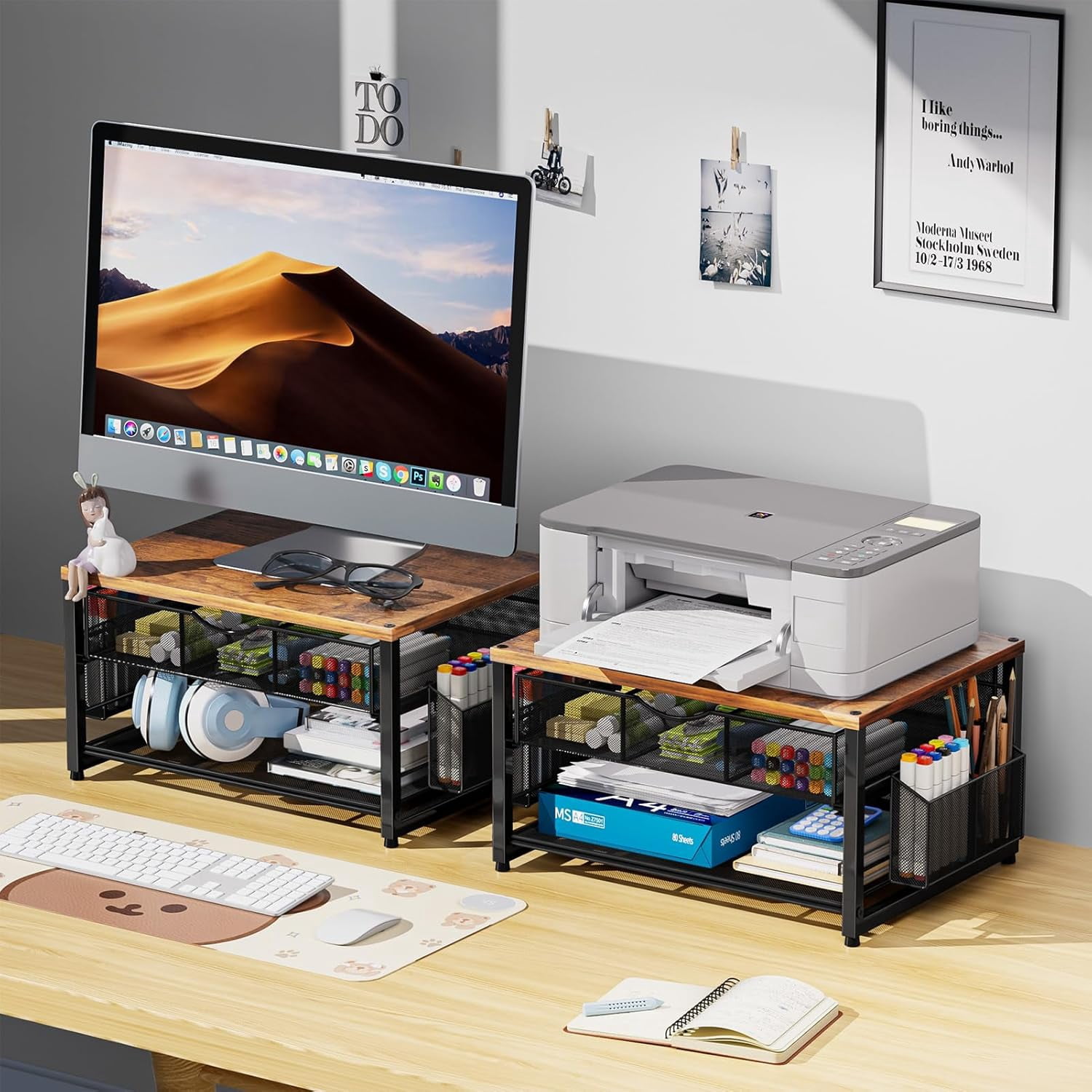Wood Printer Stand for Desk, 2-Tier Desktop Printer Table for Home Office, Printer Stand with Storage Drawer 2 Pen Holders, Multi-Purpose Desk Organizer for Fax Machine Scanner(Wood Brown)
