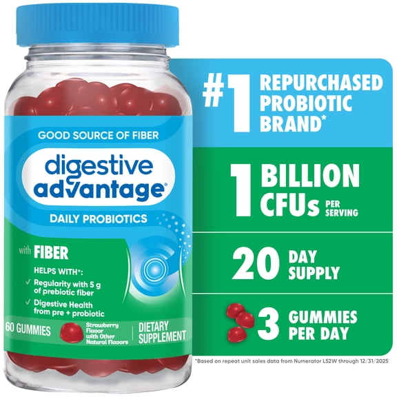 Digestive Advantage Probiotics For Women And Men, Prebiotics Fiber For Gut Health, Strawberry Flavor, 60 Gummies