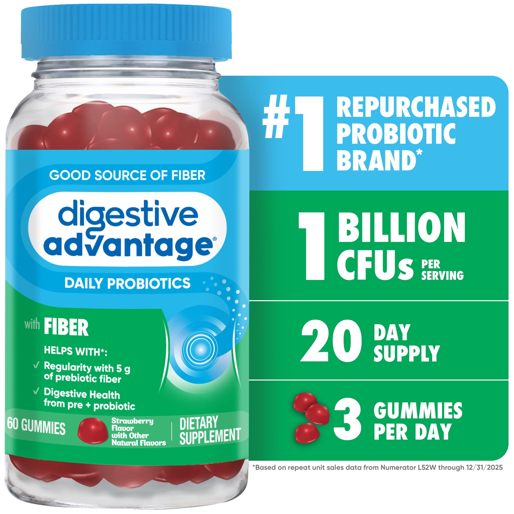 Digestive Advantage Probiotics For Women And Men, Prebiotics Fiber For Gut Health, Strawberry Flavor, 60 Gummies