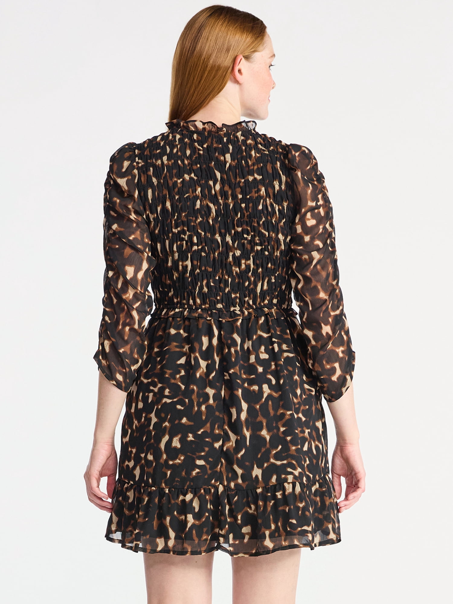 Time and Tru Women's Smocked Chiffon Mini Dress with Long Sleeves, Sizes XS-XXXL