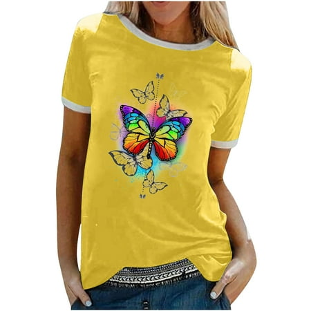 

kakina CMSX Womens Tops Dressy Casual Sexy Fashion Print Crewneck Underwaist Loose T-shirt Short Sleeve Blouse Casual Tops Ladies Casual Tops Yellow XXL