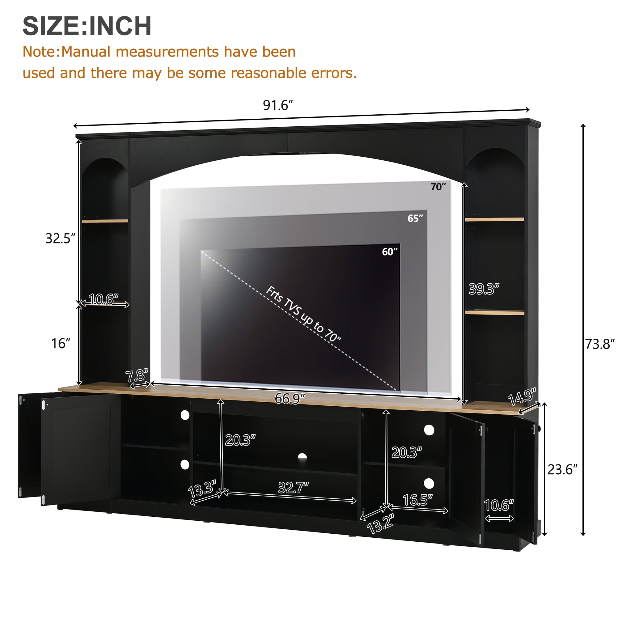 Luckynote Farmhouse TV Stand, Entertainment Center with Bookshelf, Arched Design Wood Grain for 70" TVs, 91 Inch Media Console with Adjustable Shelves, Black