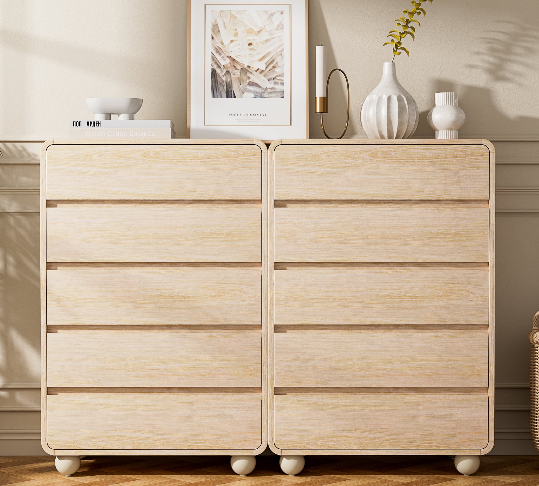 Laintene Tall Dresser 5 Drawer, Modern Wood Dresser for Bedroom, 41" Fluted Chest of Drawers with Curved Profile Design, Natural