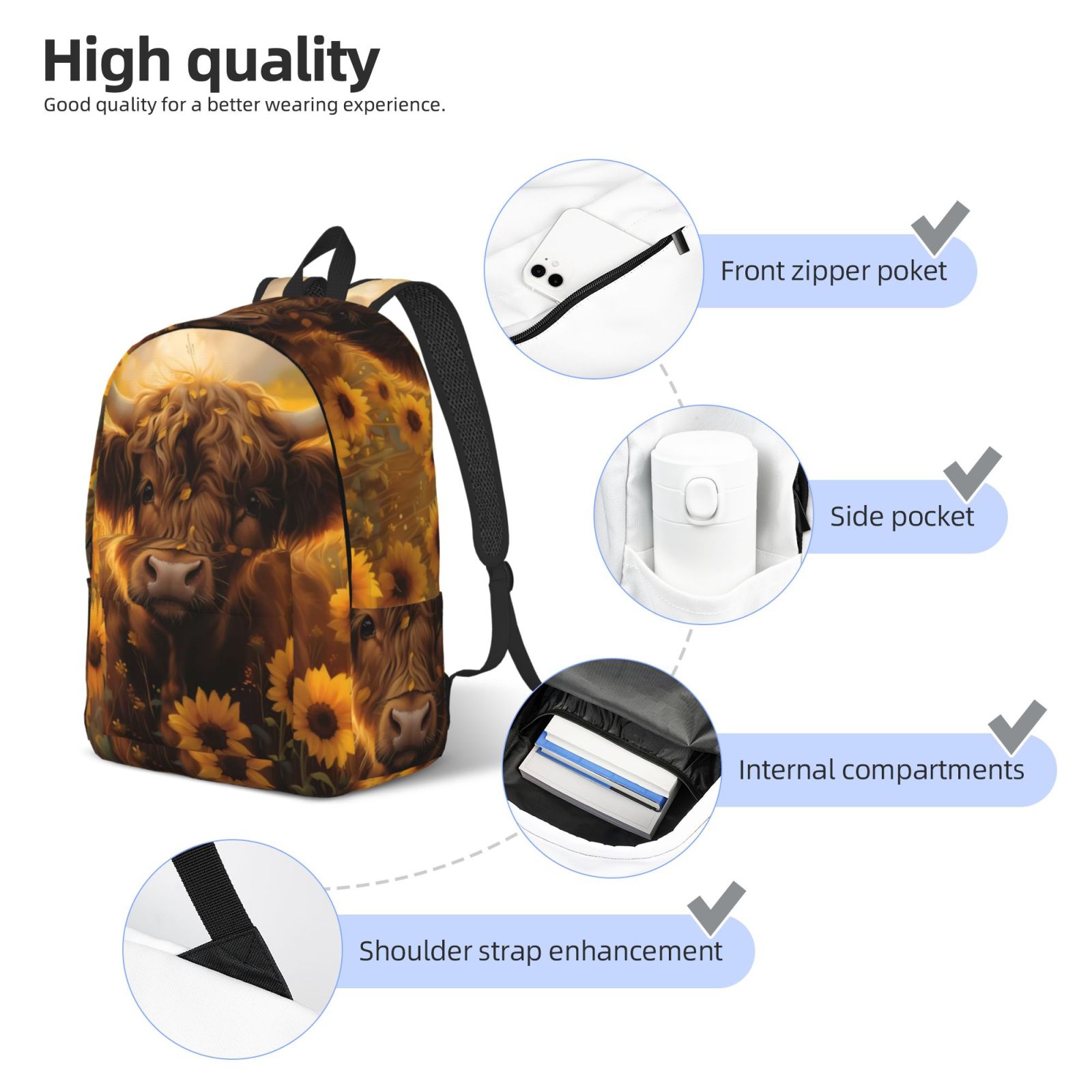 Vsdgher Cute Cow Sunflower Field Print Canvas Backpack Travel Rucksack Unisex Knapsack 15.7/17.7Inch Laptop Backpack for Work,College -Small