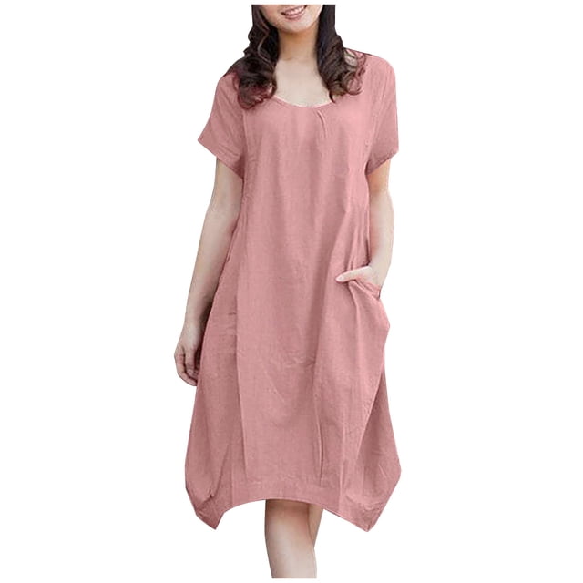 Robe de Mode pour Femmes Été Casual Col Rond en Coton Couleur Unie Robe de Poche à Manches Courtes en Lin