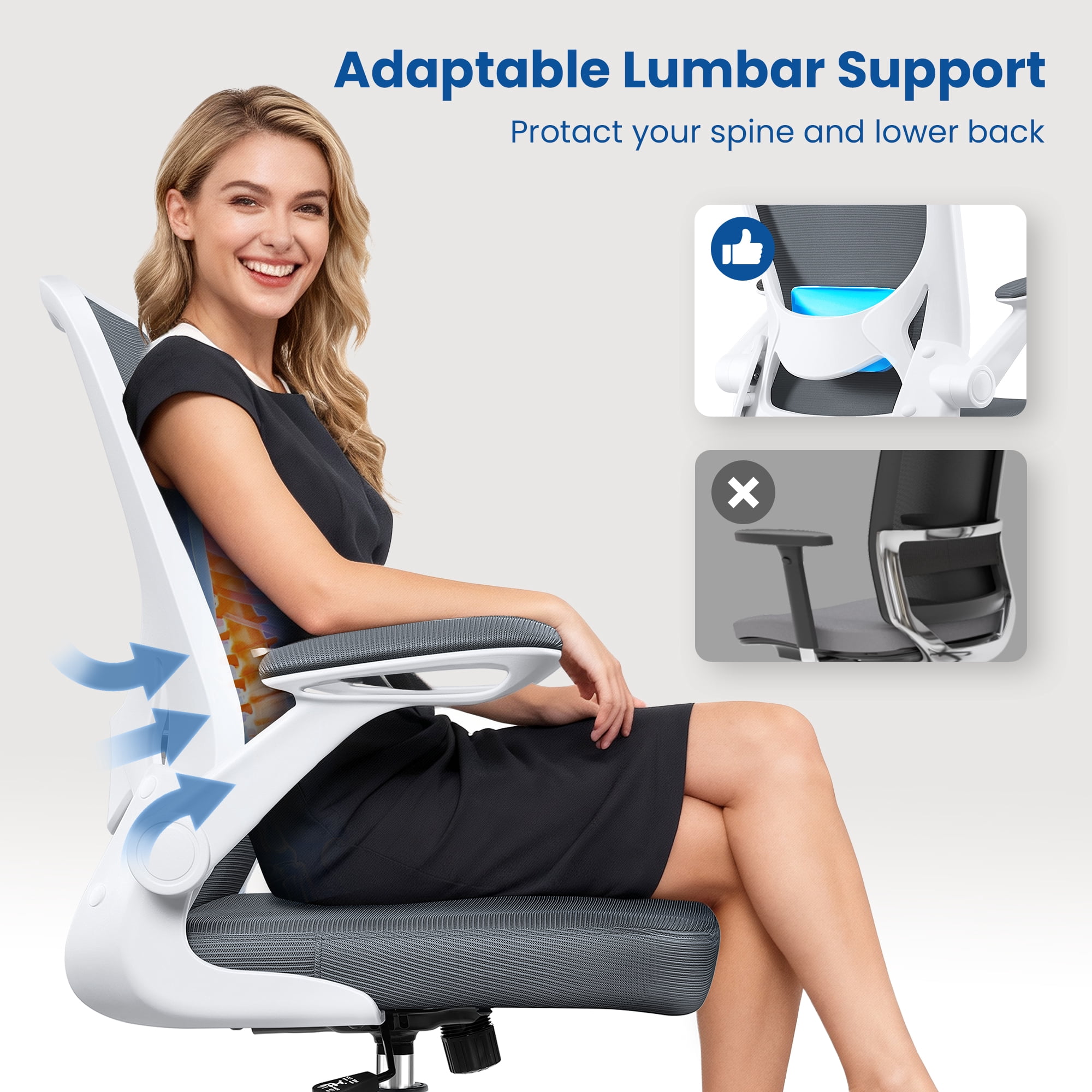 COOLHUT Office Chair, Ergonomic Office Chair, Comfort Home Office Task Chair, Lumbar Support Computer Chair with Flip-up Arms and Adjustable Height, 350LBS, Dark Gray