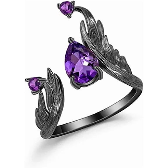 Punk Amethyst Teardrop Open Ring for Women Unisex Fashion Purple Crystal Black Fire Band Wrap Finger Rings Adjustable Comfort Fit Gothic Holiday Halloween Jewelry