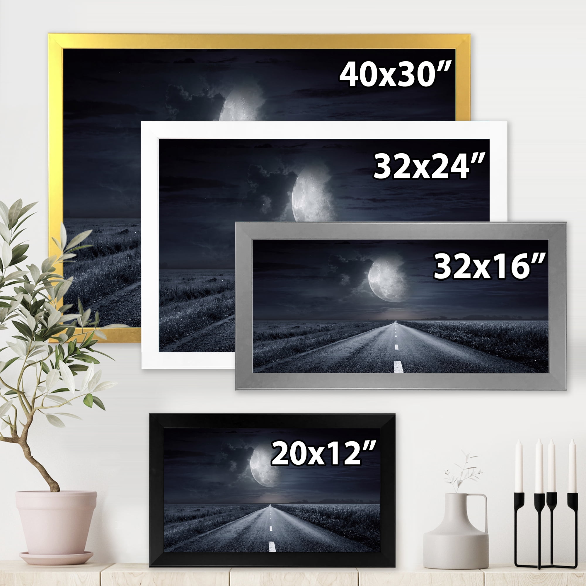 Designart 'Cloudy Full Moon Over Asphalt Road III' Nautical & Coastal Framed Art Print