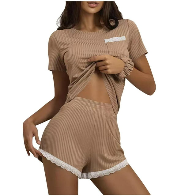 Ensemble de Pyjama pour Femmes 2 Pcs Pyjama Côtelé Doux Manches Courtes et Shorts avec Dentelle Ensemble de Nuit Mignon