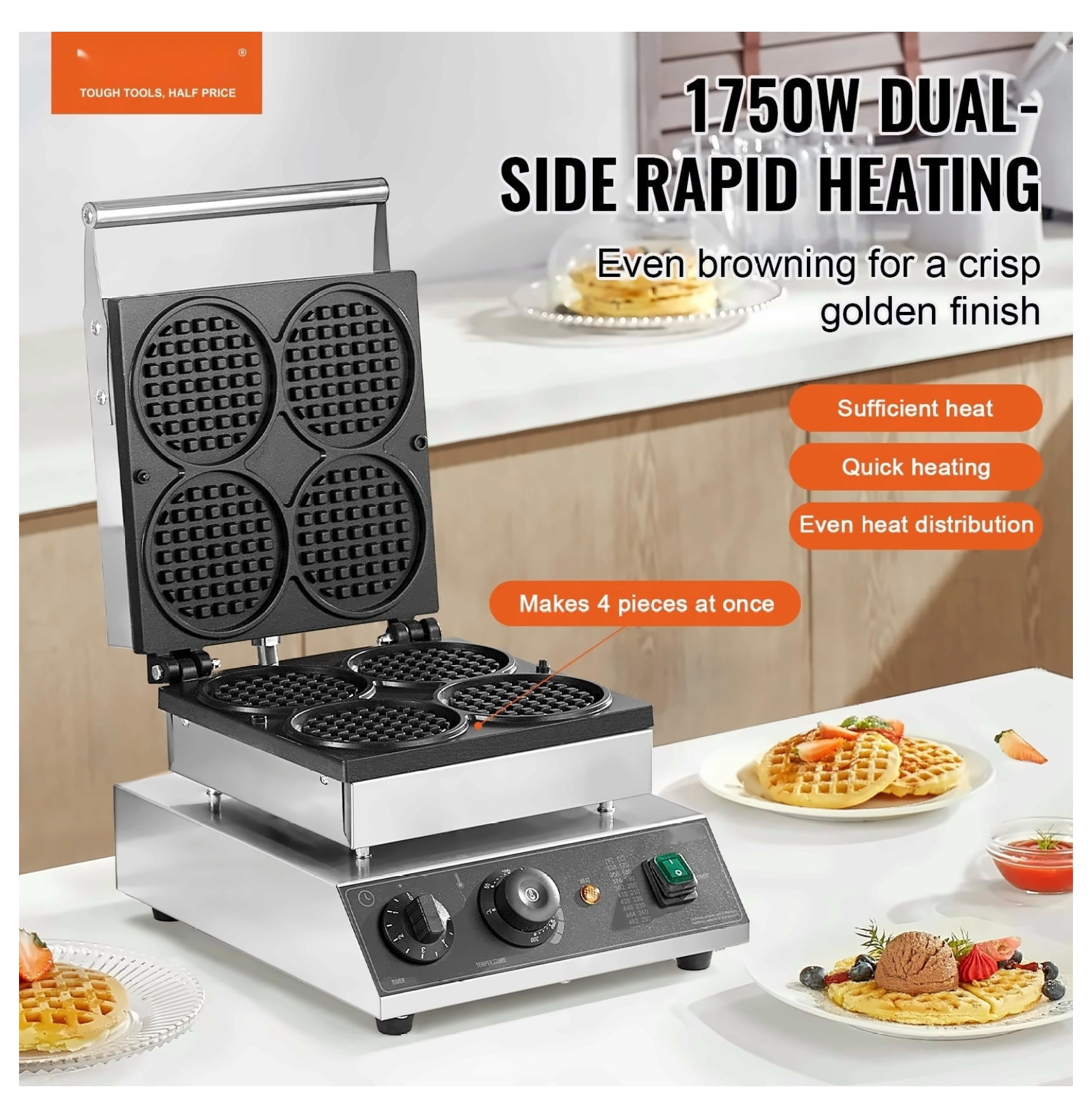 Commercial Waffle Maker 4PCS, 1750W Round Waffle Iron Machine, Non-Stick Baker, Professional Grade for Home & Restaurant