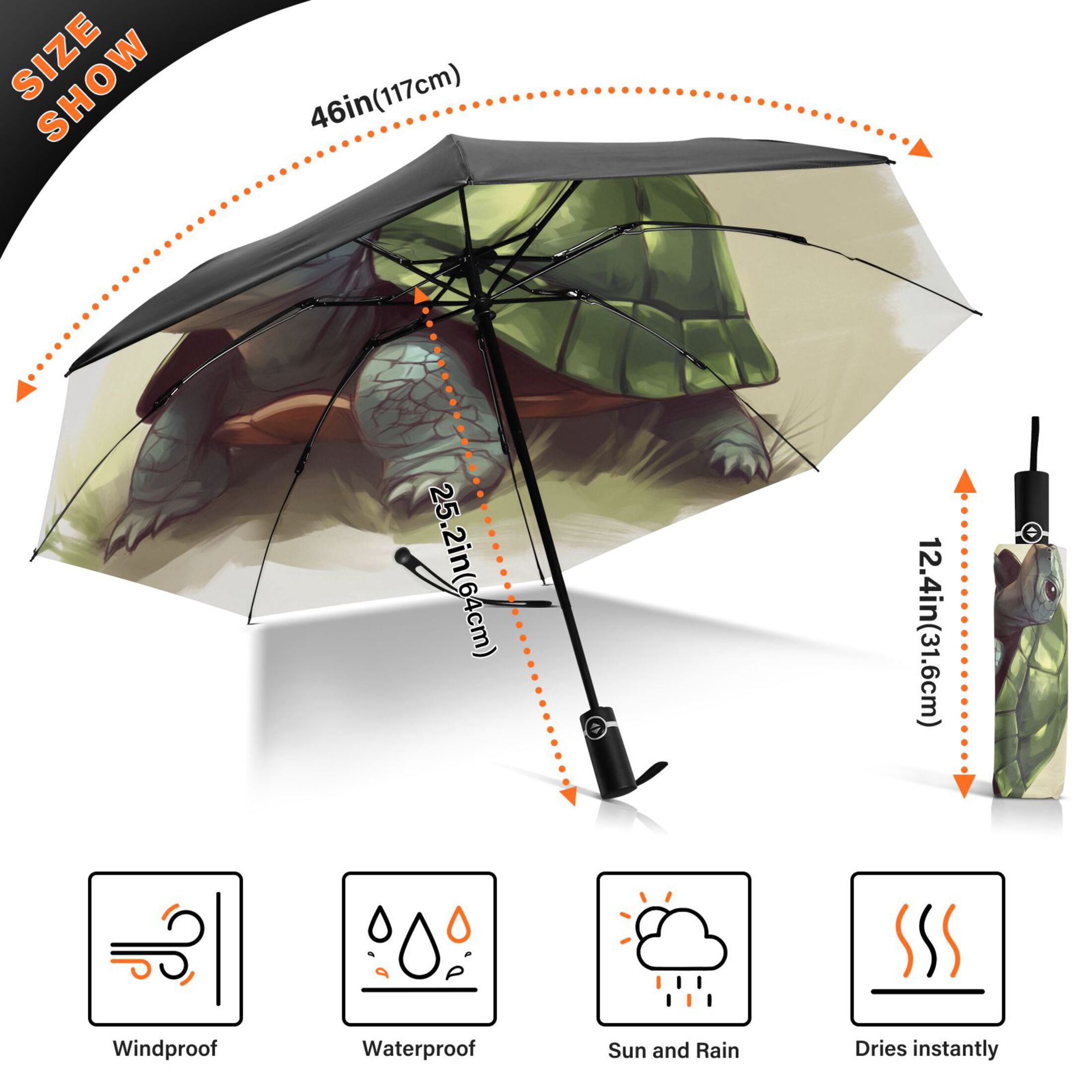 Child's Sketch Turtle Extra Large Automatic Umbrella, UV Protection, Waterproof, Auto Open and Close