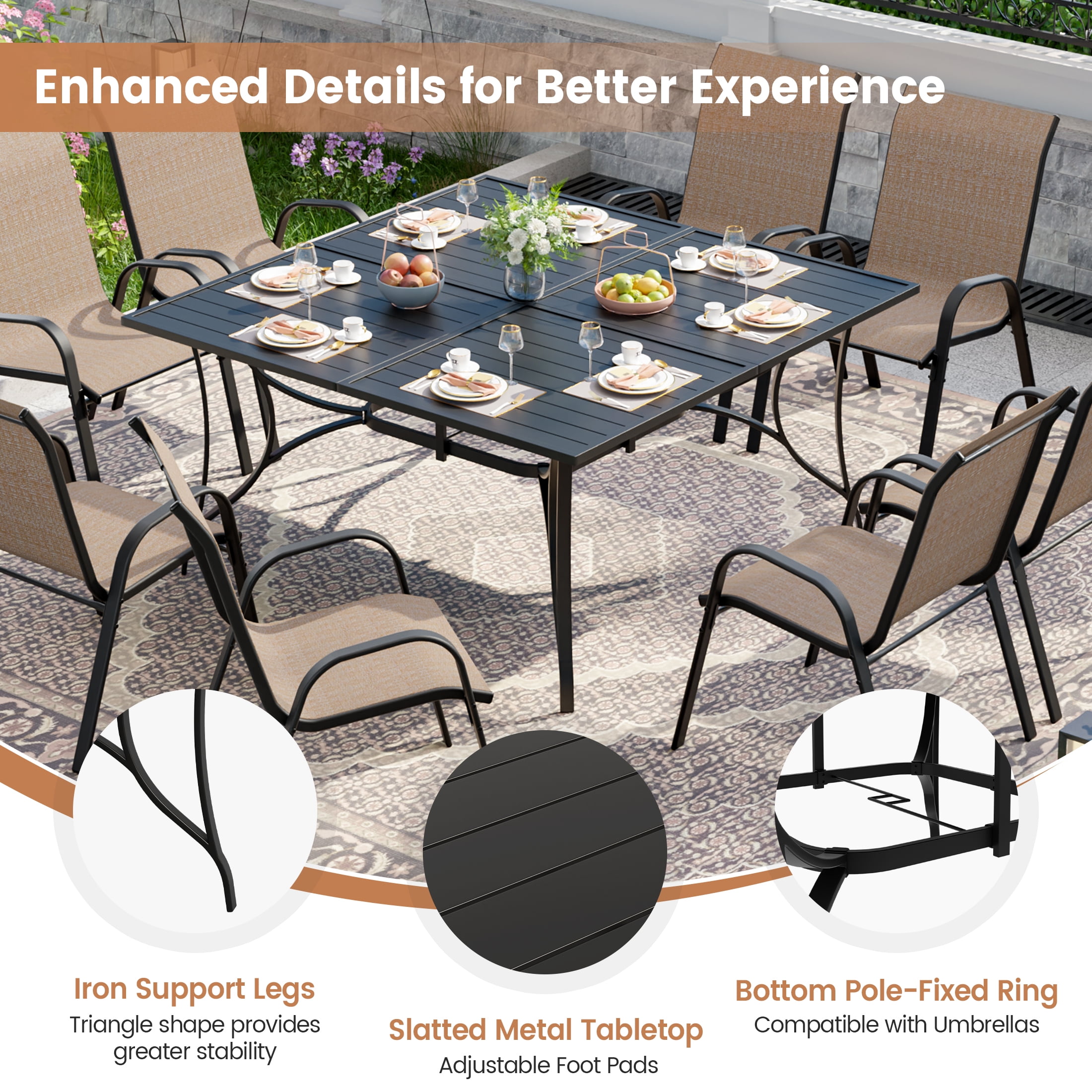 ELPOSUN 9-Piece Outdoor Patio Dining Set, 8 Textilene Chairs & Large Square Steel Table with Umbrella Hole, All-Weather Furniture for Garden, Balcony,Khaki