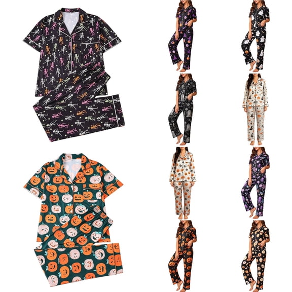 MuXiKeJi Clothes Womens Halloween Stain Pajama Set Witch Hat Skull Print Sleepwear | Button Down V Neck Long Sleeve Shirt And Matching Pants Comfort Two Piece Halloween Pajamas Outfits