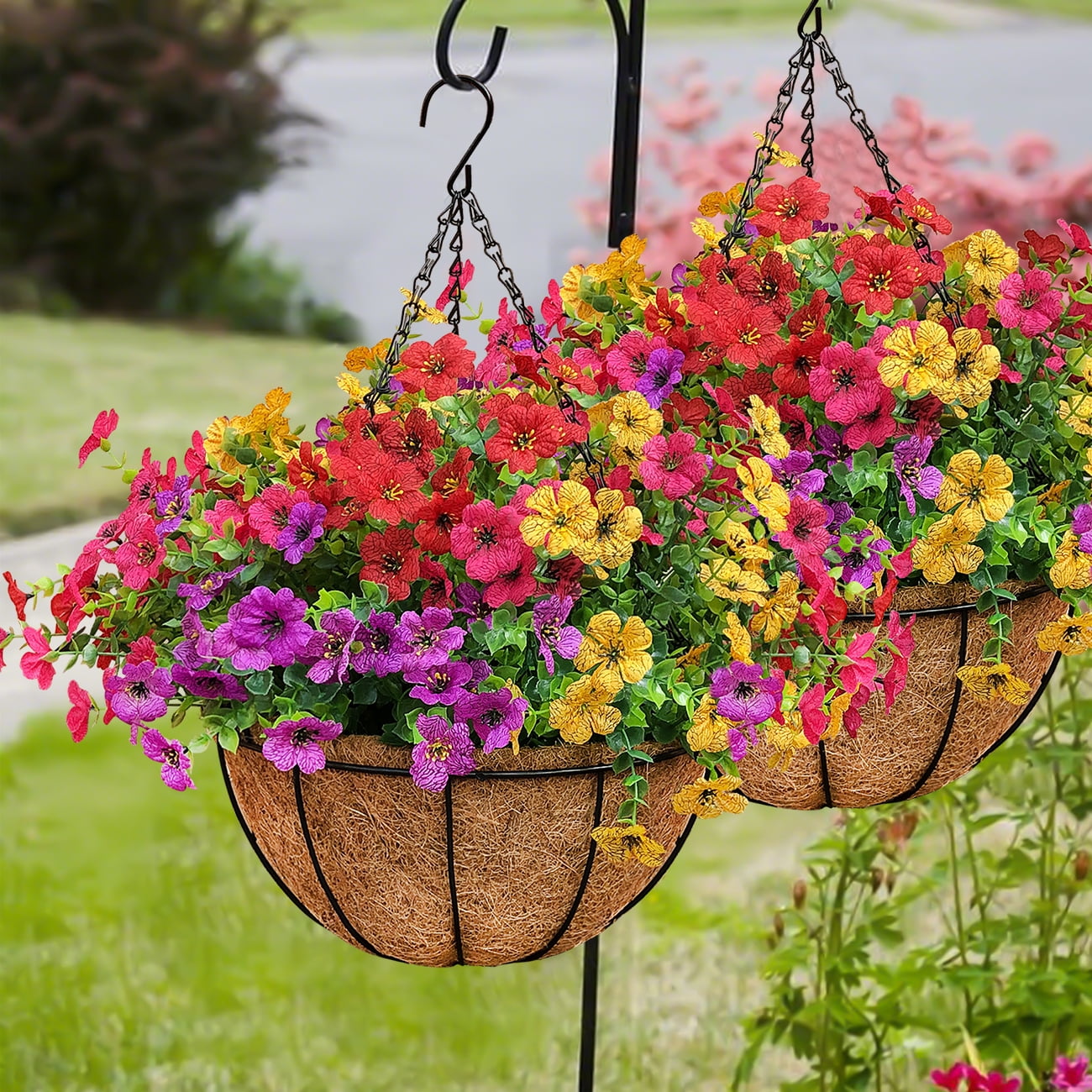 2 Sets of Artificial Hanging Baskets, 24 Simulated Flowers, with Metal Coconut Baskets, Suitable for Outdoor Spring and Summer Courtyard Decoration