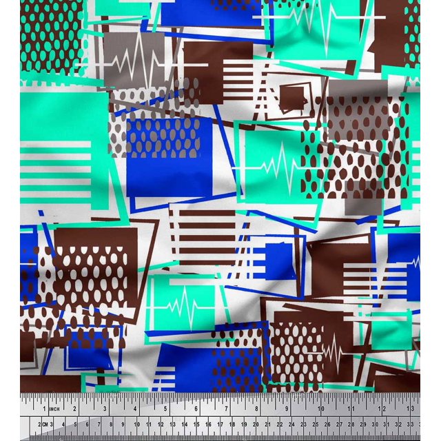 Soimoi Green polyester Crepe Fabric Geometric Abstract Printed Craft Fabric by the Yard 52 Inch Wide