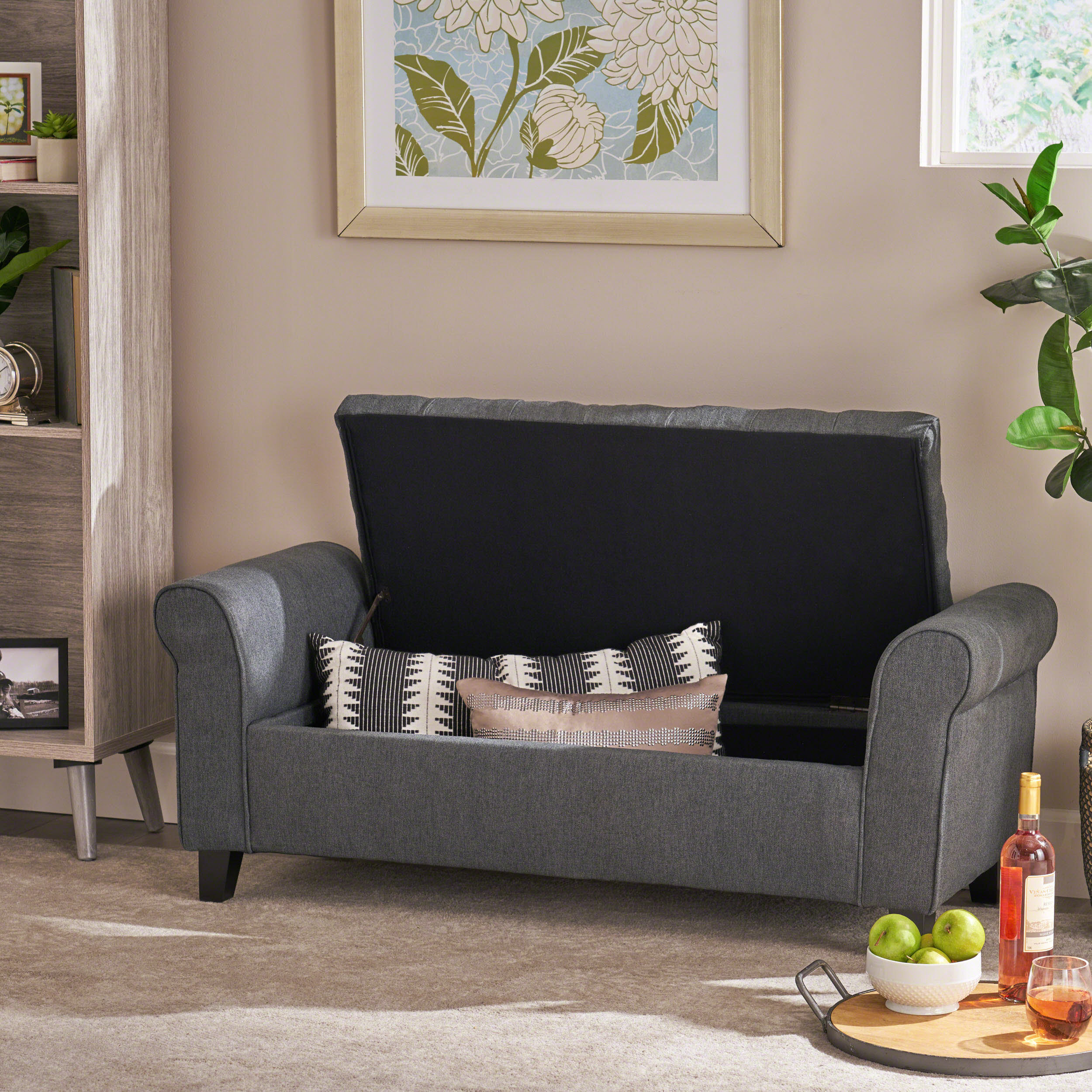 Euroco 50" Fabric Armed Storage Bench, Modern Upholstered Padded Storage Bench for Entryway Bed Foot Entryway, Gray