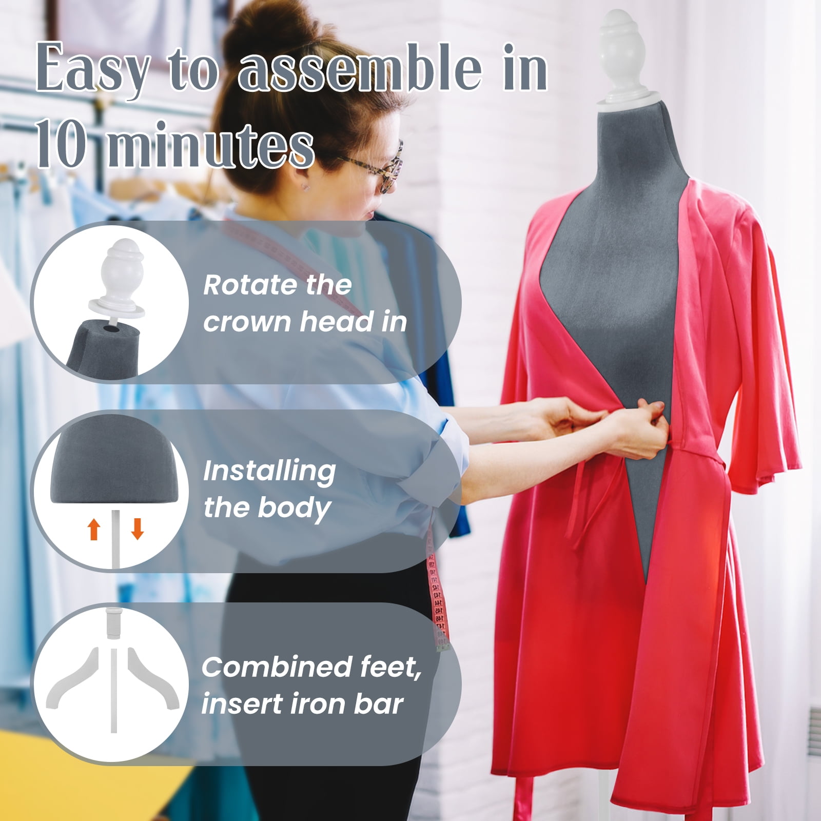 Dkelincs Female Mannequin Torso with Wooden Tripod Stand Adjustable Dress Form for Dress Jewelry Display, Grey