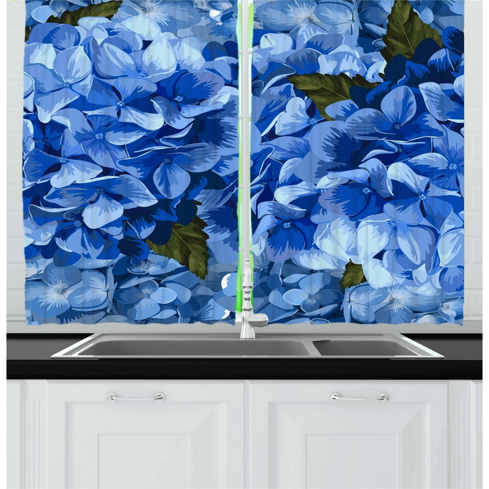 Vintage Blue Curtains 2 Panels Set, Bundles of Blue Hydrangea Hortensis