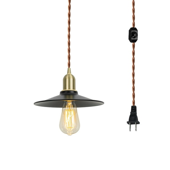 KAYYELAMP Hanging Light Black Metal Shade Brass Base 15 Feet Plug in Cord Dimming Pendant light Vintage Design for Kitchen Island Dining Table Loft Bar(No Bulb)